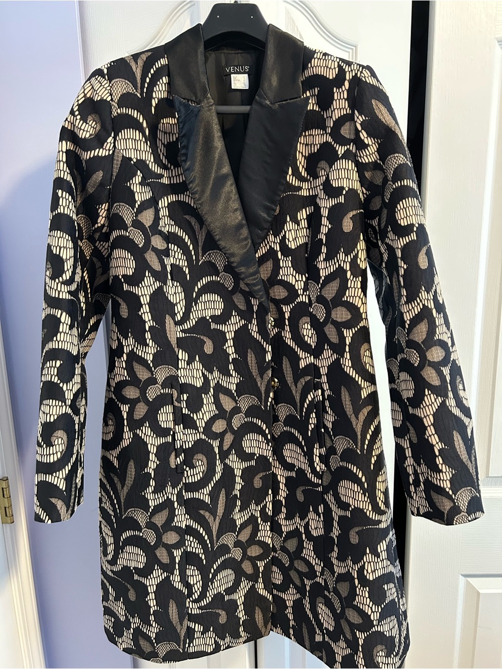 VENUS Black and cream floral brocade long pea coat with satin collar
